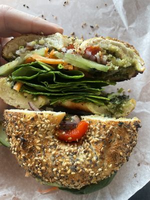 Vegan pesto on everything bagel   at Mochas Coffeehouse and Bakery in Gunnison