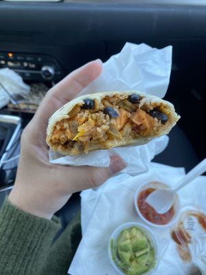 Vegan sweet potato and black bean burrito. I asked for avocado on the side  at Mochas Coffeehouse and Bakery in Gunnison