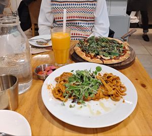 Margherita pizza, rose pasta and jeju orange juice at Nammi Plant Lab in Seoul