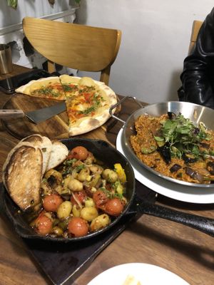 Hummus pizza, gnocchi, paella  at Nammi Plant Lab in Seoul