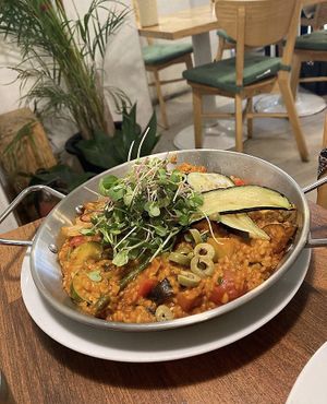 Vegetable Paella topped with microgreens at Nammi Plant Lab in Seoul