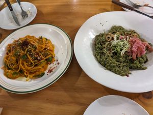 Red chili pasta and Perila risotto at Nammi Plant Lab in Seoul