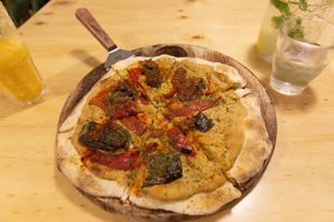 Hummus Pizza with roasted eggplant and peppers.  Incredible!  at Nammi Plant Lab in Seoul