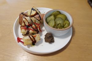 Free Appetizer (Bread with balsamic vinegar, olive spread, and pickles)  at Nammi Plant Lab in Seoul