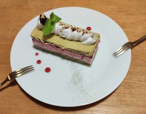 Pistachio raspberry cake at Nammi Plant Lab in Seoul