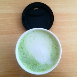 Matcha latte with oat milk at Roots Cafe in Abergele