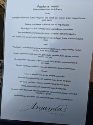 Menu Oct 2020. Only vegan dessert is berry sorbet at Amanda's on the Edge in Pokolbin