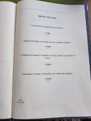 Vegan menu at Il Caminetto in Transacqua