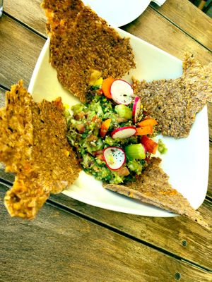 Guacamole with gluten free chips ! at Element Cafe in Tarifa