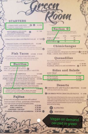 Menu. Vegan on demand cercled in green at The Green Room in Lagos