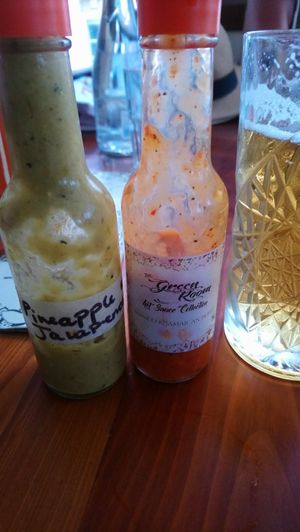 Pineapple jalapeño hot sauce, mango Jamaican pepper hotsauce at The Green Room in Lagos