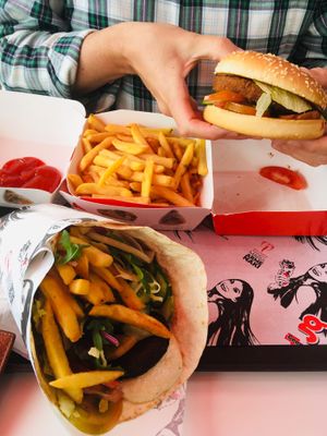 Vegan options... falafel and humous wrap loads better than burger at Georgie's Handy Food in Ayia Napa