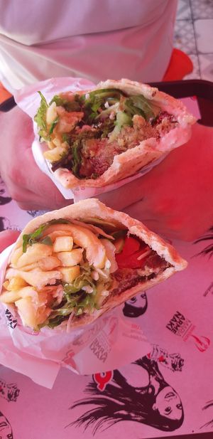 Falafel pitta with hummus, salad and fries at Georgie's Handy Food in Ayia Napa