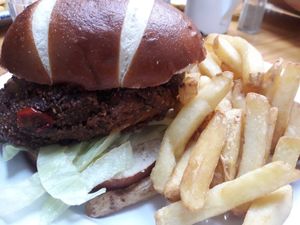 Vegan burger and chips at Garrison West in Fort William