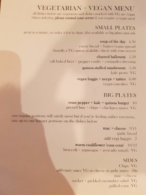 Menu at Garrison West in Fort William