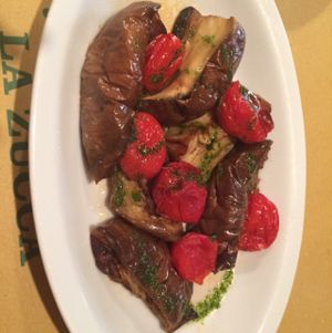 grilled aubergines and tomatoes  at La Zucca in Venice