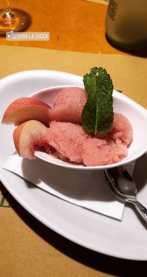 Peach, mint and prosecco sorbet  at La Zucca in Venice