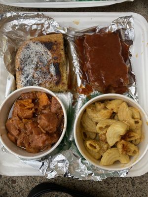 BBQ ribs, Mac n cheese, yams and cornbread. Create your own soul bowl!  at Trio Plant-Based in Minneapolis
