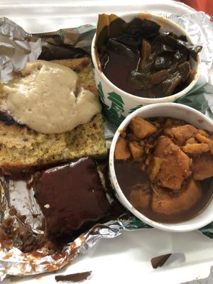 Cornbread, ribs, collard greens, yams  at Trio Plant-Based in Minneapolis