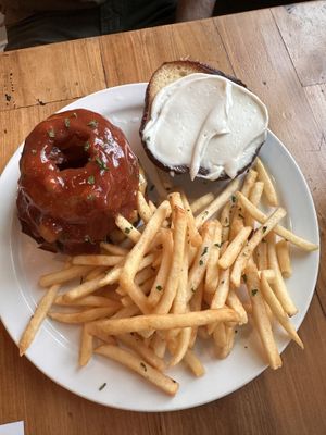 Onion ring burger   at Trio Plant-Based in Minneapolis