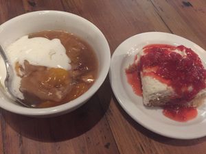 Peach Cobbler and Strawberry cake at Trio Plant-Based in Minneapolis