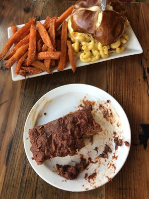 Top: Mac and Cheeze burger and sweet potato fries. Bottom: Ribs at Trio Plant-Based in Minneapolis