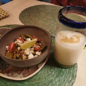 L: ensalada de nopales R: horchata at Mezcal Bar in Krems An Der Donau