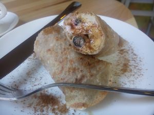 Buckwheat pancakes with cashew creme and fruit at Irmale's Cafe in Tbilisi
