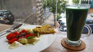 Zucchini noodles and green smoothie, loved it at Irmale's Cafe in Tbilisi