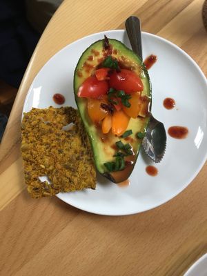 Avocado with oat cracker at Irmale's Cafe in Tbilisi