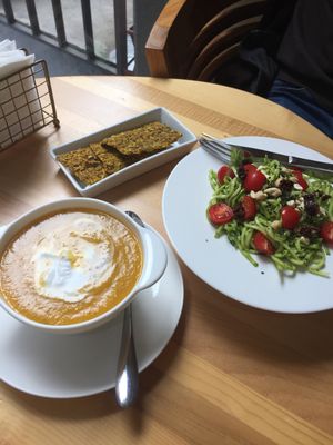 Sweet potato creamy soup with crakes and salad with zucchini❤️ at Irmale's Cafe in Tbilisi