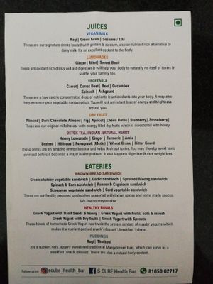 Menu at S Cube Health Bar in Mangaluru