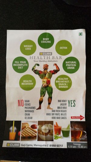 Front of the menu at S Cube Health Bar in Mangaluru