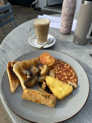 Vegan breakfast and Oat latte   at Caffi Colwyn in Caernarfon