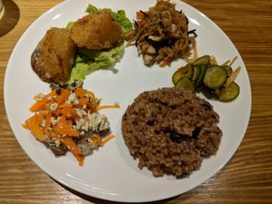 Set meal with fried Daikon and veggies  at 0831 Organic Restaurant in Asahikawa
