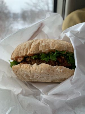 Vegan burger on the train to Wakkanai at 0831 Organic Restaurant in Asahikawa