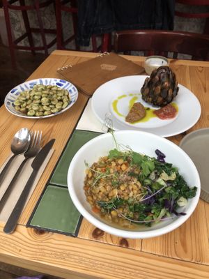 Specials: broad beans, artichoke. Mixed grain Otto. All average  at Eat Your Greens in Leeds