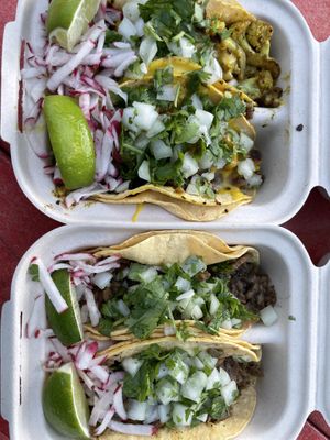 Tacos con Todo. Cauliflower on top, Asada (seitan) below   at Luna Verde Vegan Mexican Restaurant in Bradley Beach