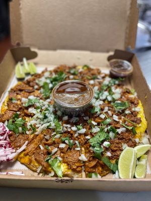 Pizza-Birria a highly popular special! at Luna Verde Vegan Mexican Restaurant in Bradley Beach