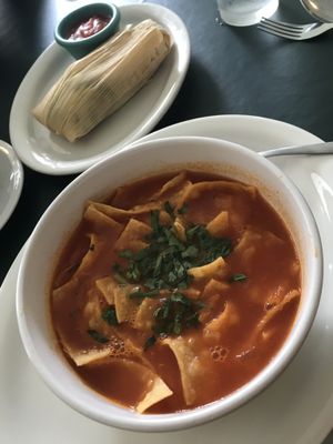 Tortilla soup, and tamales  at Luna Verde Vegan Mexican Restaurant in Bradley Beach