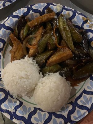 Ginger garlic eggplant with tofu and white ricee  at Lotus Garden Chinese & Thai Cuisine in Hanalei