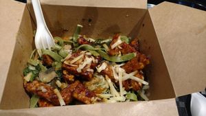 Vegan pasta with tempeh e champignons at Jent in Delft