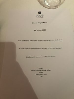 Recent menu  at Titchwell Manor in Titchwell