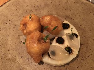 cauliflower beignet with celeriac starter (variation of a main course dish made vegan) at Titchwell Manor in Titchwell