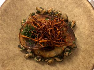 Puffball mushroom main course, September 2020 at Titchwell Manor in Titchwell