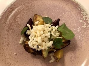 Roasted avocado and heritage beetroot starter, September 2020 at Titchwell Manor in Titchwell