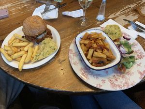 Aubergine pasta bake and their veggie jackfruit burger  at Famous Old Spa in Weymouth