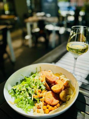 Sweet Potato Harissa Bowl--
roasted Garnet sweet potatoes, chickpeas, harrisa, nori aioli, arugula, hawaij-citrus dressing (v)(gf) at Revolution Winery and Kitchen in Sacramento