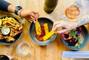 Left: 'Not Fish & Chips'-battered oyster mushrooms, old bay, hand-cut fries (v)(gf)

Center: Polenta Fritta-rosemary-thyme polenta fries, marinara, lemon aioli, herbs (v)(gf)

Right: Beet salad-roasted beets, beet aioli, dukkah, vegan feta (v)(gf) at Revolution Winery and Kitchen in Sacramento