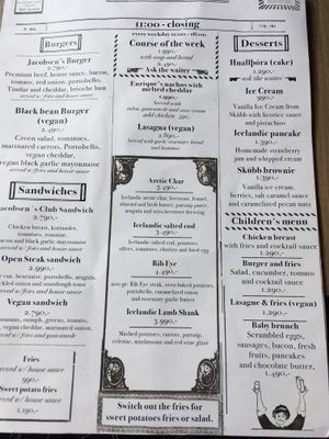 The menu has lots of vegan options, also a breakfast/lunch at Egill Jacobsen in Reykjavik